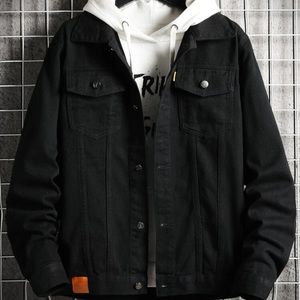 Mens Patched Button Up Trucker Jacket Black